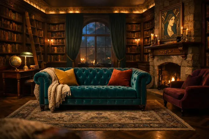 Painted view of The Library Hearth